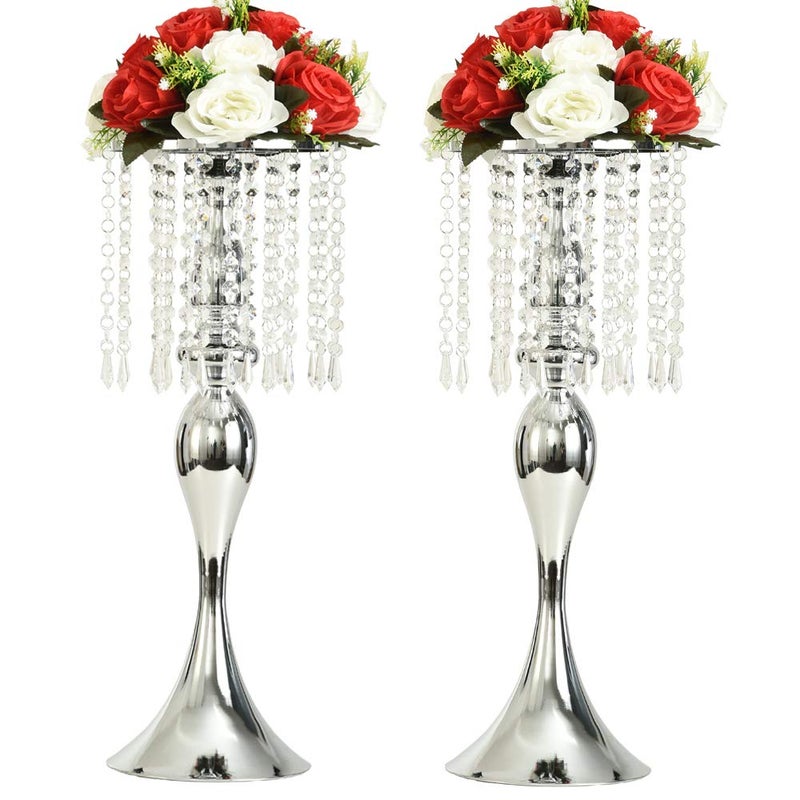 LANLONG Set of 2 Crystal Centerpieces for Tables Silver Metal Flower Vase Stand for Wedding Party Reception Home Decor - Image 1